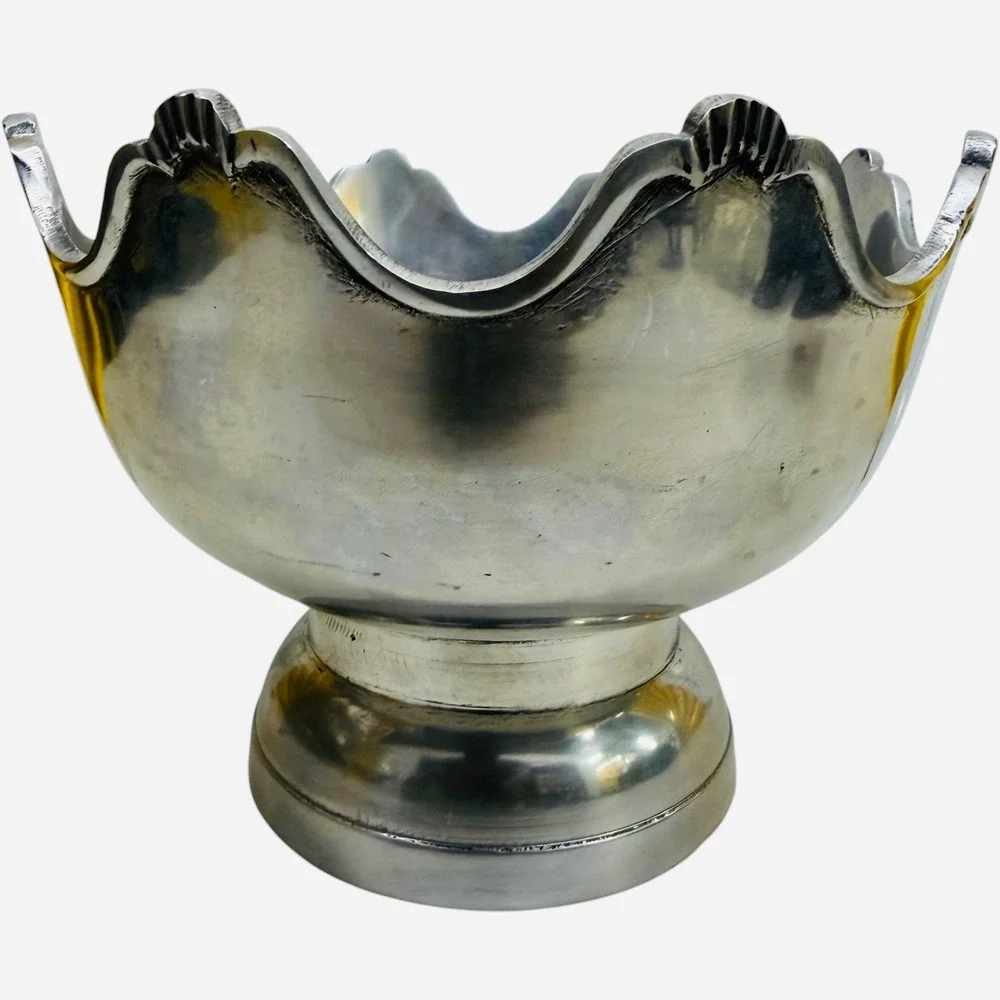Vintage Scalloped Pedestal Bowl Silver Tone Metal Centerpiece Made in India Good